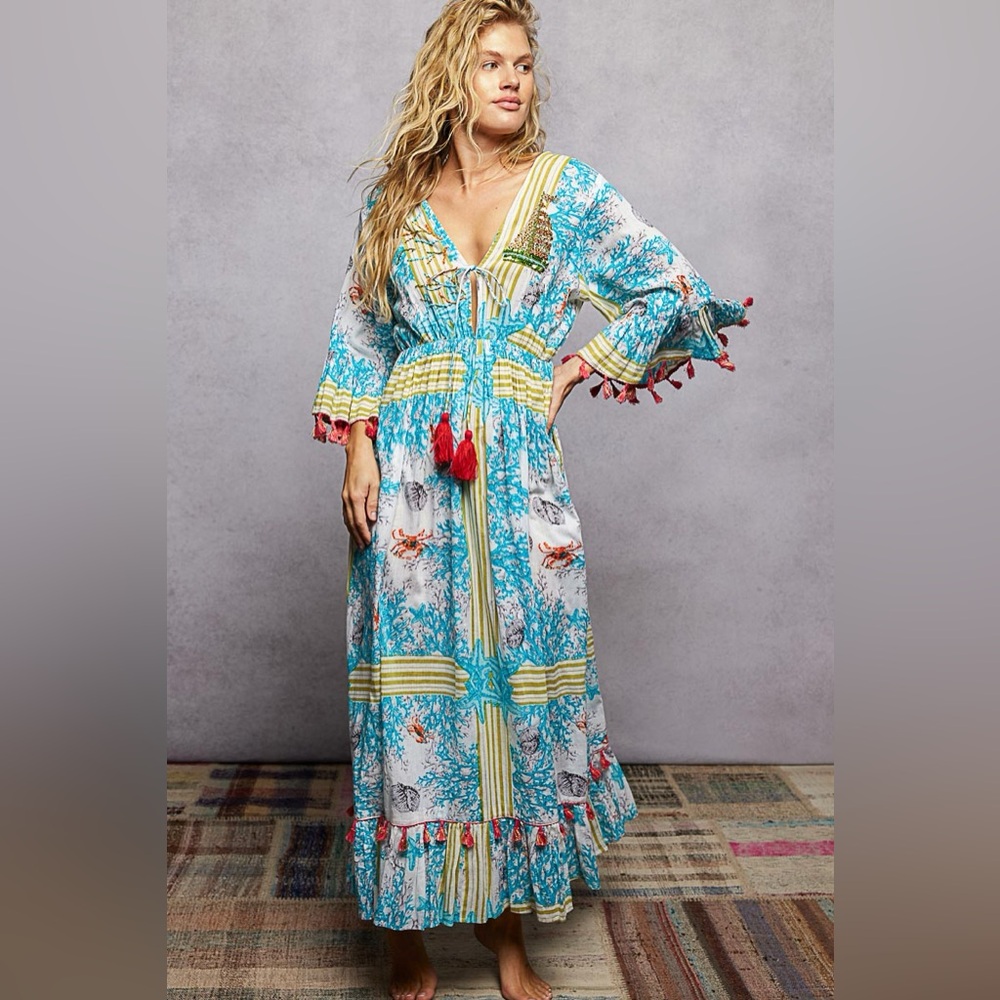 POL Bohemian Print Tassel Trim Maxi Dress🆕